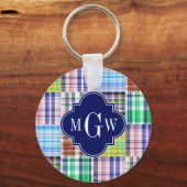 Preppy Patchwork Madras Navy Quatrefoil Monogram Schlüsselanhänger (Vorderseite)