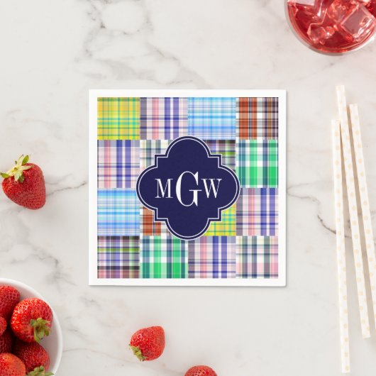 Preppy Patchwork Madras Navy Quatrefoil Monogram Serviette (Beispiel)