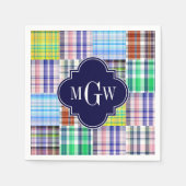 Preppy Patchwork Madras Navy Quatrefoil Monogram Serviette (Vorderseite)