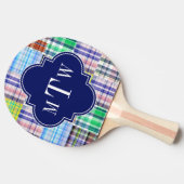 Preppy Patchwork Madras Navy Quatrefoil Monogram Tischtennis Schläger (Seitenansicht)