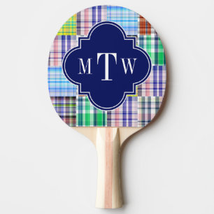 Preppy Patchwork Madras Navy Quatrefoil Monogram Tischtennis Schläger