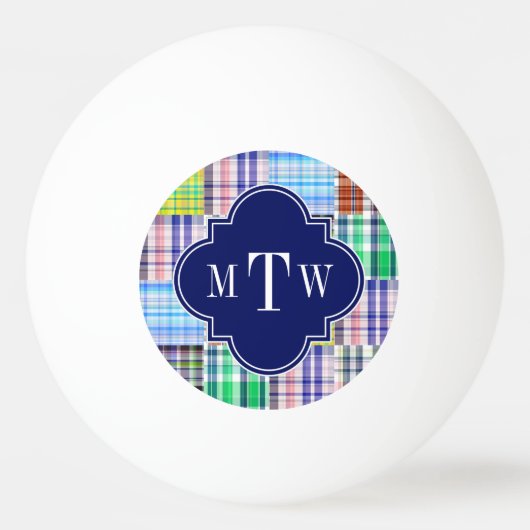 Preppy Patchwork Madras Navy Quatrefoil Monogram Tischtennisball (Rückseite)