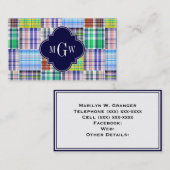 Preppy Patchwork Madras Navy Quatrefoil Monogram Visitenkarte (Vorne/Hinten)