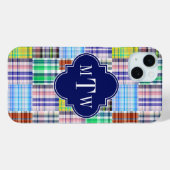 Preppy-Patchwork-Madras-Navy-Vierblatt-Monogramm Case-Mate iPhone Hülle (Rückseite (Horizontal))