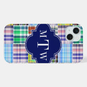 Preppy-Patchwork-Madras-Navy-Vierblatt-Monogramm iPhone Hülle (Rückseite (Horizontal))