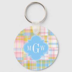 Preppy Patchwork Madras Pastel Quatrefolie Initial Schlüsselanhänger