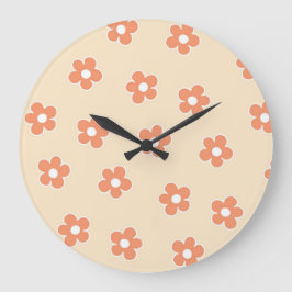 Preppy Peach White Hippie Blume Muster Große Wanduhr