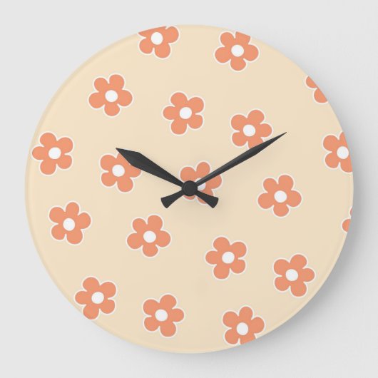 Preppy Peach White Hippie Blume Muster Große Wanduhr (Vorderseite)