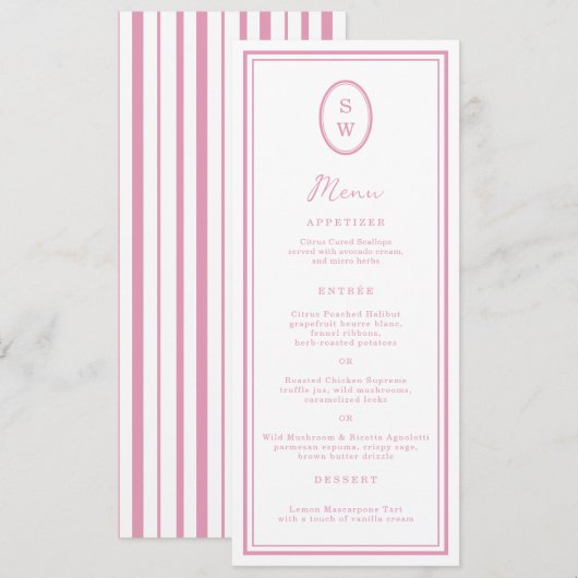 Preppy Peony Pink Chic Monogram Wedding Menu Card Einladung (Vorne/Hinten)