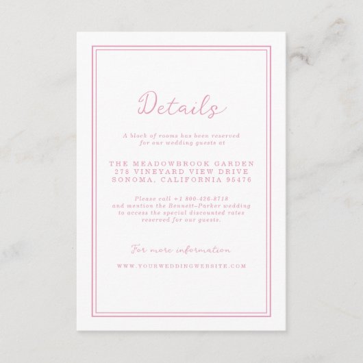 Preppy Peony Pink Chic Wedding Details Card Begleitkarte (Vorderseite)