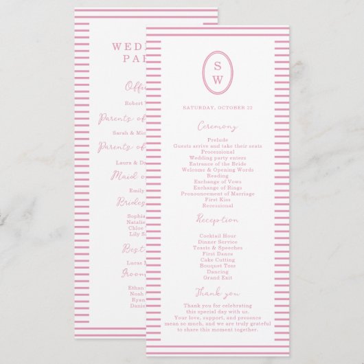 Preppy Peony Pink Chic Wedding Program Card Einladung (Vorne/Hinten)