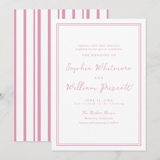 Preppy Peony Pink Striped Wedding Invitation Einladung (Vorne/Hinten)