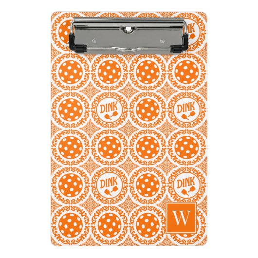 Preppy Pickleball Damask – Orange Dink Motif   Mini Klemmbrett (Vorderseite)
