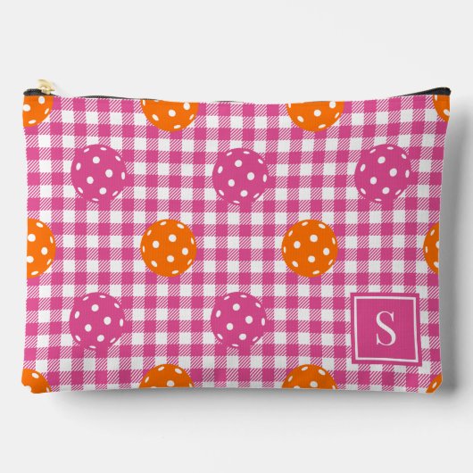 Preppy-Pickleball-Karo-Muster Hellrosa Orange Mono Zubehörtasche (Vorderseite)