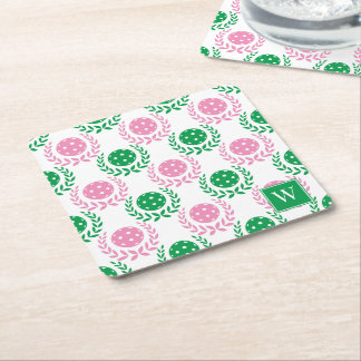 Preppy Pickleball Laurel Wreath – Pink & Green Rechteckiger Pappuntersetzer