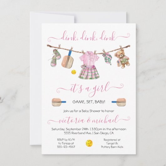 Preppy Pickleball Party Dink Girl Babydusche Einladung (Vorderseite)