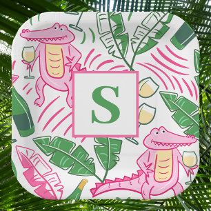 Preppy Pink Alligator Monogramm / Weinliebhaber Pappteller