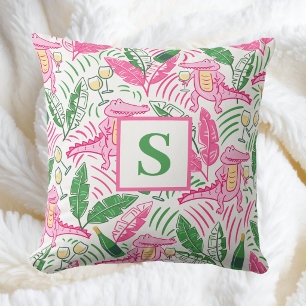 Preppy Pink Alligator & Wein / Monogram Coastal Kissen