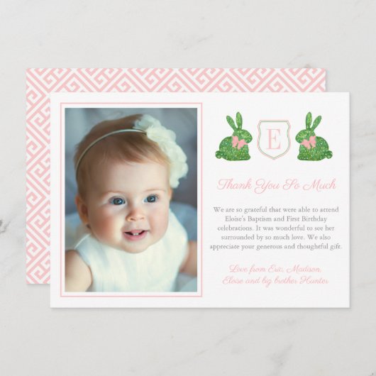 Preppy Pink and Green Boxwood Bunny Baptisc Foto Dankeskarte (Vorne/Hinten)
