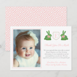 Preppy Pink and Green Boxwood Bunny Baptisc Foto Dankeskarte