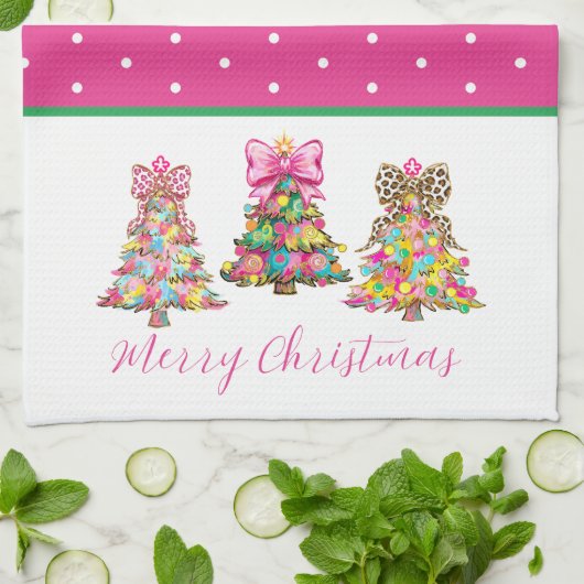 Preppy Pink and Green Christmas Trees Geschirrtuch (Gefaltet)