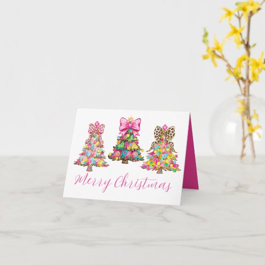 Preppy Pink and Green Christmas Trees Karte (Gelbe Blume)