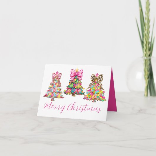 Preppy Pink and Green Christmas Trees Karte (Vorderseite)