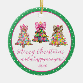Preppy Pink and Green Christmas Trees Keramik Ornament