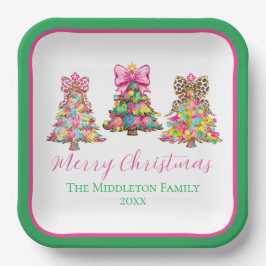 Preppy Pink and Green Christmas Trees Pappteller
