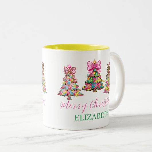 Preppy Pink and Green Christmas Trees Zweifarbige Tasse (VorderseiteRechts)