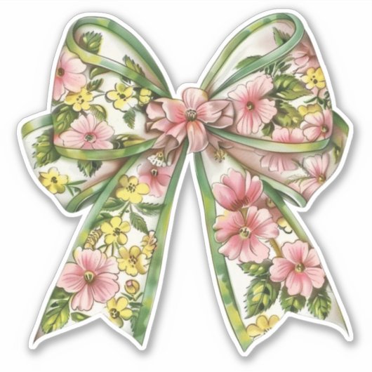 Preppy Pink and Green Floral Bow Aufkleber (Vorderseite)
