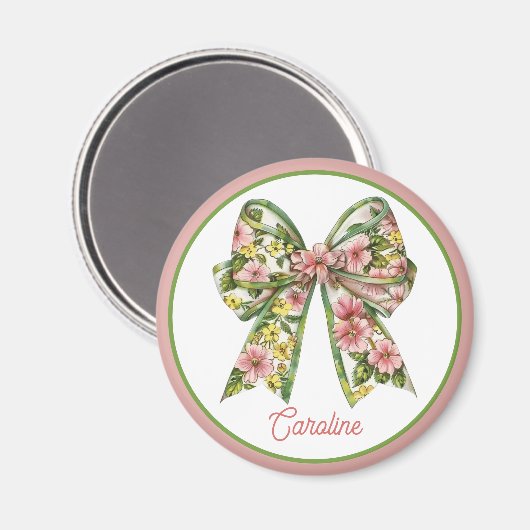 Preppy Pink and Green Floral Bow Personalized Magnet (Vorderseite/Rückseite)