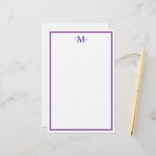 Preppy Pink and Navy Blue Simple Monogram Briefpapier (Vorderseite/Rückseite Beispiel)