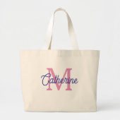 Preppy Pink and Navy Blue Simple Monogram Jumbo Stoffbeutel (Vorne)