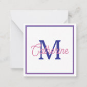 Preppy Pink and Navy Blue Simple Monogram Mitteilungskarte (Vorderseite)
