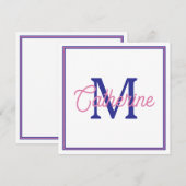 Preppy Pink and Navy Blue Simple Monogram Mitteilungskarte (Vorne/Hinten)