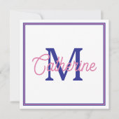 Preppy Pink and Navy Blue Simple Monogram Mitteilungskarte (Vorderseite)
