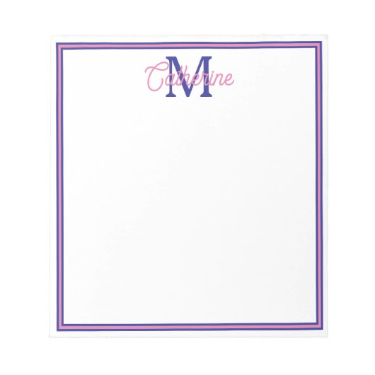 Preppy Pink and Navy Blue Simple Monogram Notizblock (Vorderseite)