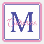 Preppy Pink and Navy Blue Simple Monogram Quadratischer Aufkleber (Vorderseite)