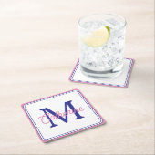 Preppy Pink and Navy Blue Simple Monogram Rechteckiger Pappuntersetzer (Vor Ort)