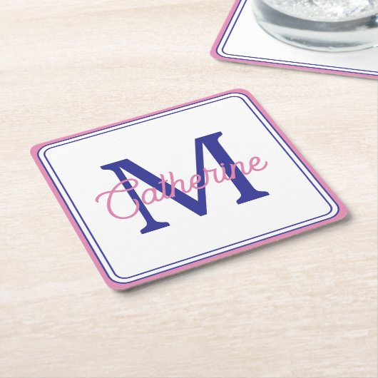 Preppy Pink and Navy Blue Simple Monogram Rechteckiger Pappuntersetzer (angewinkelt)