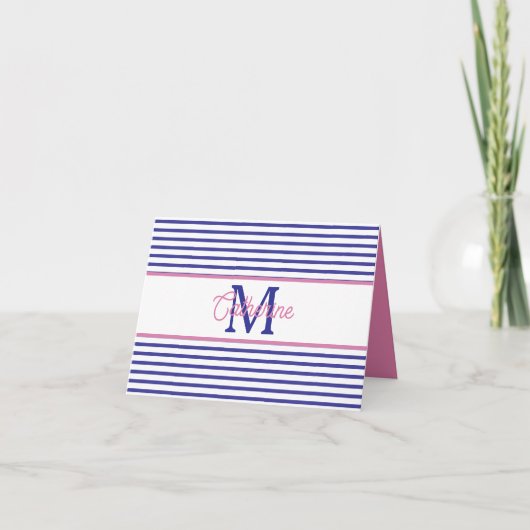 Preppy Pink and Navy Blue Stripe Simple Monogram (Vorderseite)