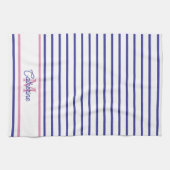 Preppy Pink and Navy Blue Stripe Simple Monogram Geschirrtuch (Horizontal)