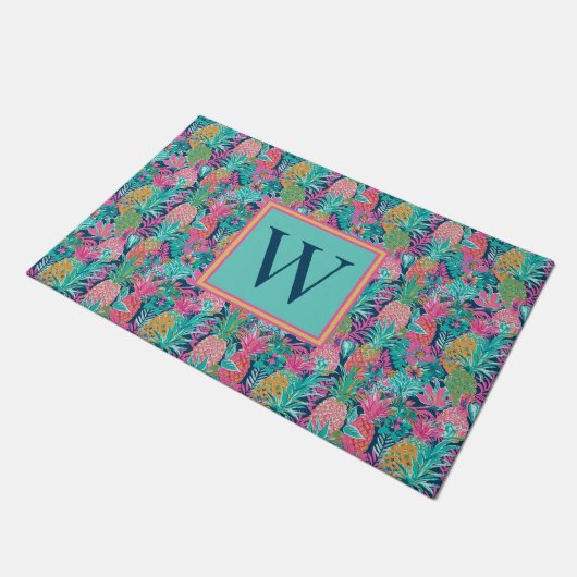 Preppy Pink Aquamarin Navy Blue Ananas Monogramm Fußmatte (Schrägansicht)