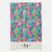 Preppy Pink Aquamarin Navy Blue Ananas Monogramm Geschirrtuch (Vertikal)