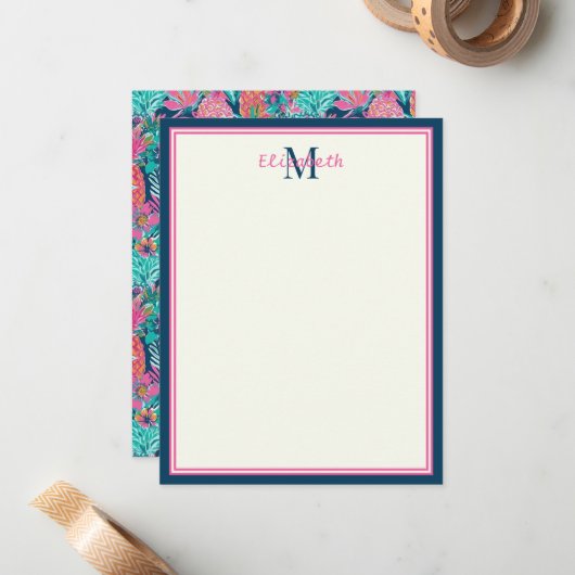 Preppy Pink Aquamarin Navy Blue Ananas Monogramm Mitteilungskarte (Vorderseite/Rückseite Beispiel)