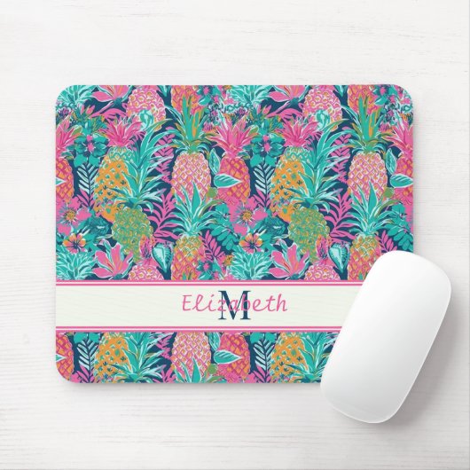 Preppy Pink Aquamarin Navy Blue Ananas Monogramm Mousepad (Mit Mouse)