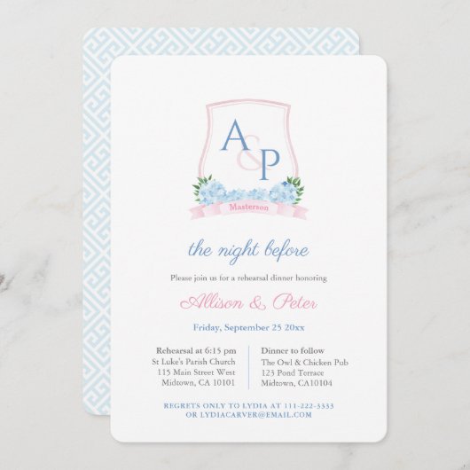 Preppy Pink Blue Wappen Hochzeit Probe Dinner Einladung (Vorne/Hinten)