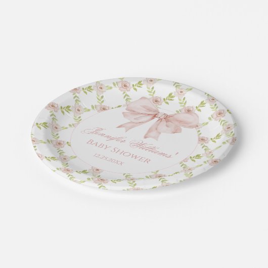 Preppy Pink Bow Floral Spring Baby Dusche Pappteller (Schrägansicht)