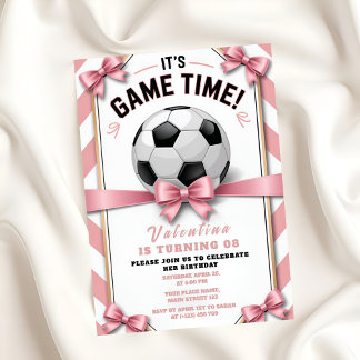 Preppy Pink Bow Girl Soccer Game Time Birthday Einladung